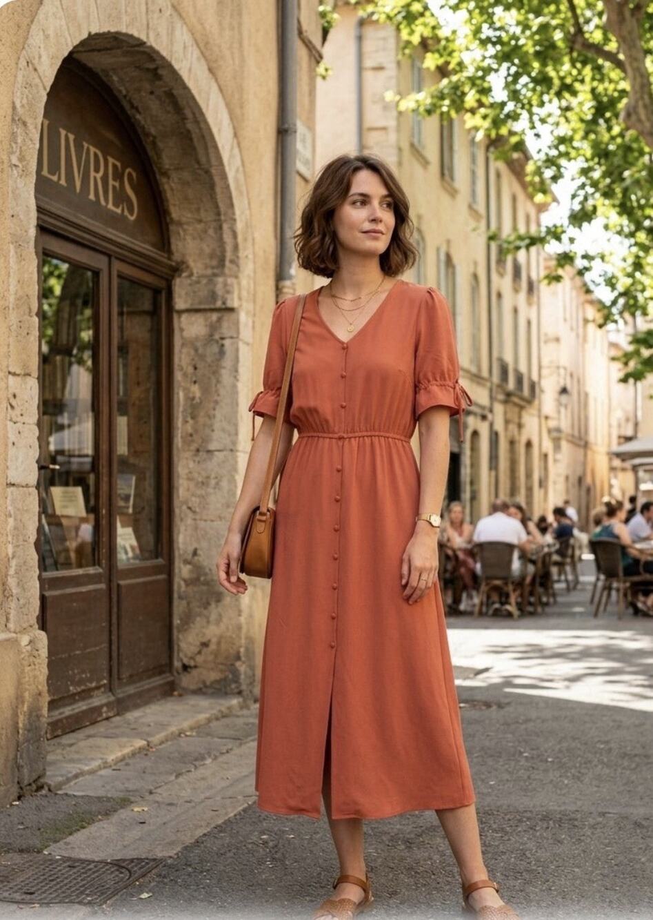 NAIF Terracotta Rust Orange Button Front Maxi Dress Puff Sleeve Cottagecore M
